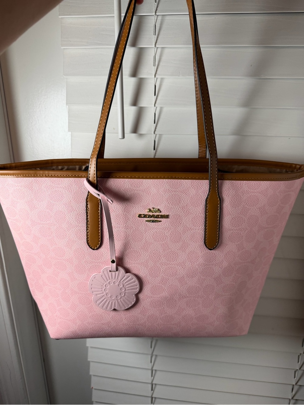 Coach Pink Signature Tote with Tan Trim and Floral Charm